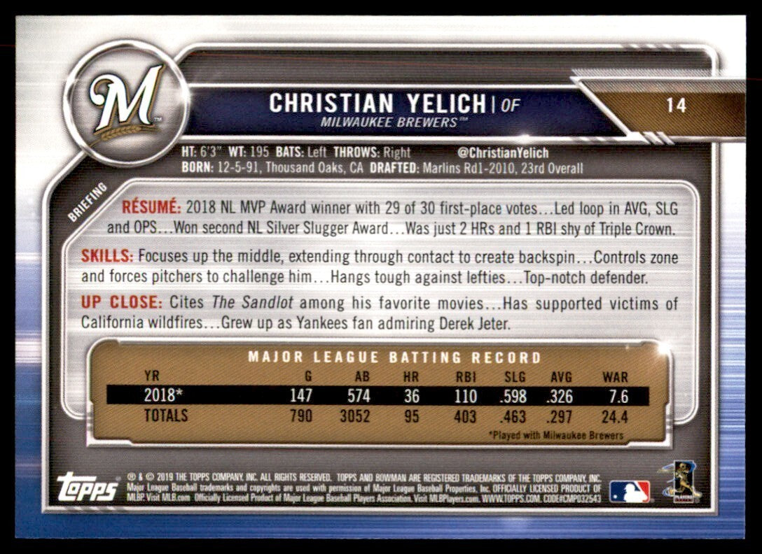 2019 Bowman Christian Yelich B Baseball Cards #14