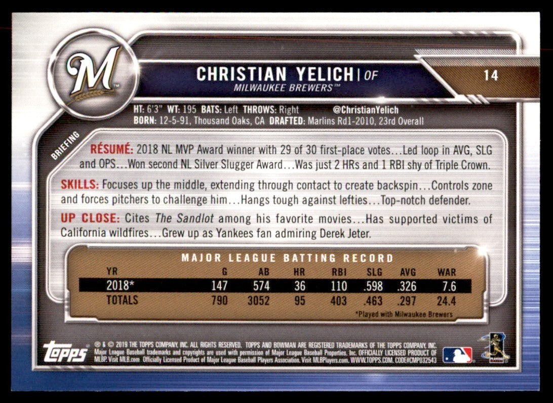 2019 Bowman Christian Yelich D Baseball Cards #14