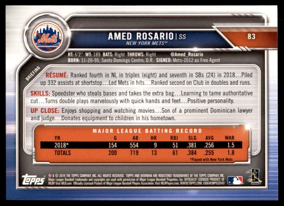 2019 Bowman. Amed Rosario D Baseball Cards #83