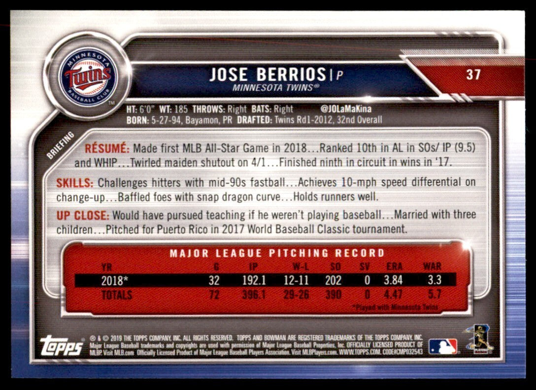 2019 Bowman. Jose Berrios F Baseball Cards #37