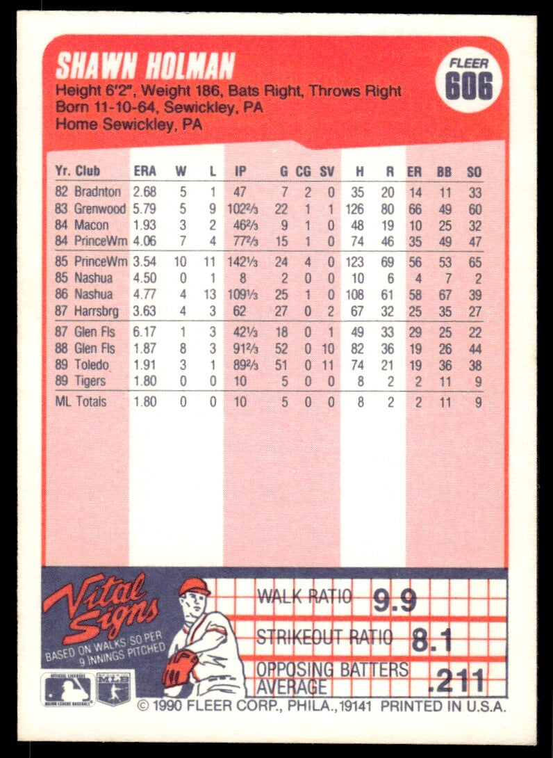 1990 Fleer Baseball Card Shawn Holman Rookie Detroit Tigers #606