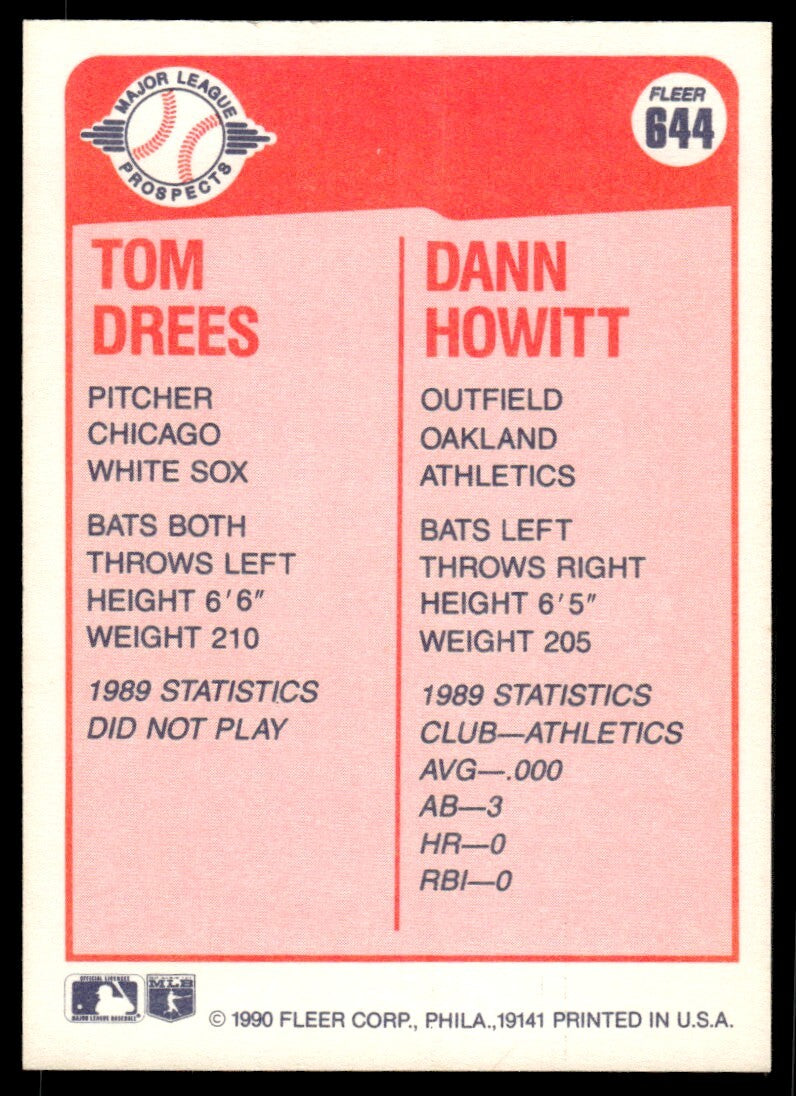 1990 Fleer Baseball Card Tom Drees/Dann Howitt Rookie Chicago White Sox/Oakland