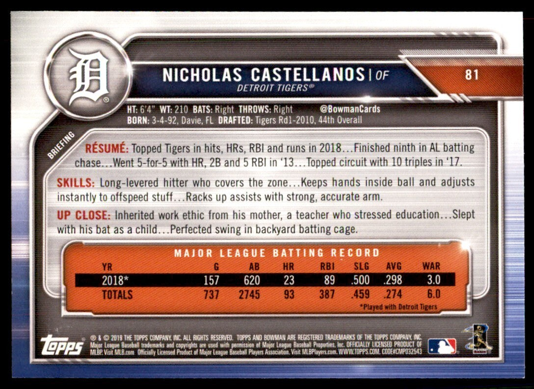 2019 Bowman: Nicholas Castellanos B Baseball Cards #81