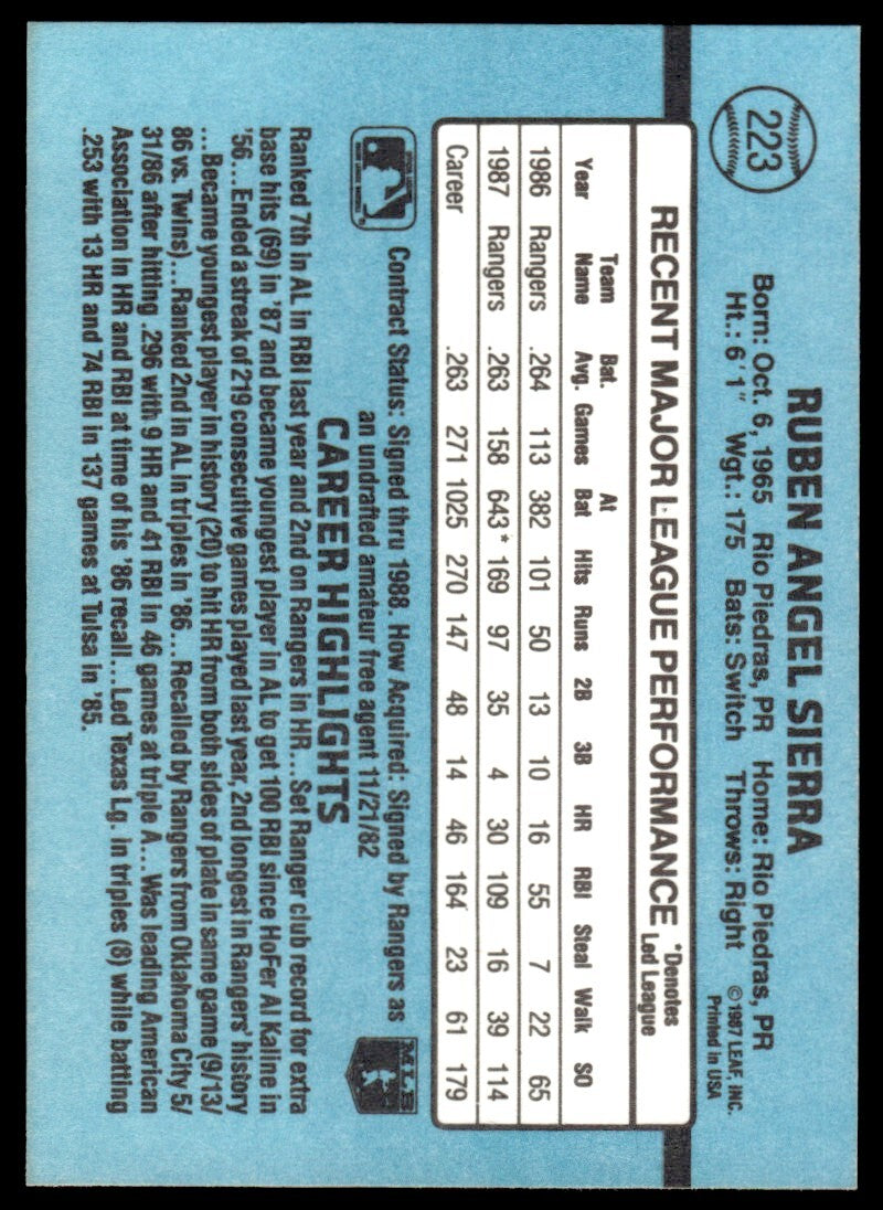 1988 Donruss Baseball Card Ruben Sierra Texas Rangers #223