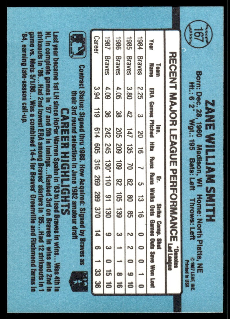 1988 Donruss Baseball Card Zane Smith Atlanta Braves #167