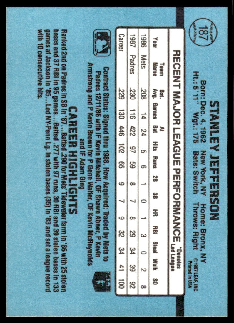 1988 Donruss Baseball Card Stan Jefferson San Diego Padres #187