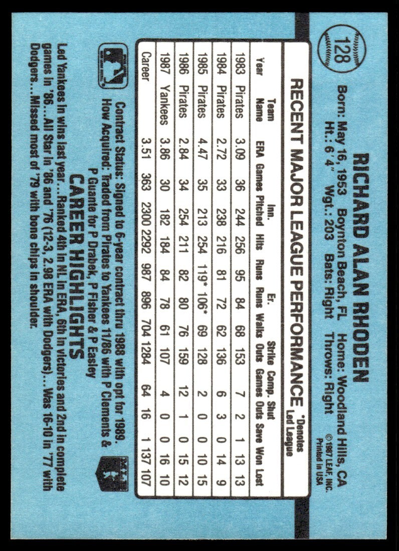 1988 Donruss Baseball Card Rick Rhoden New York Yankees #128