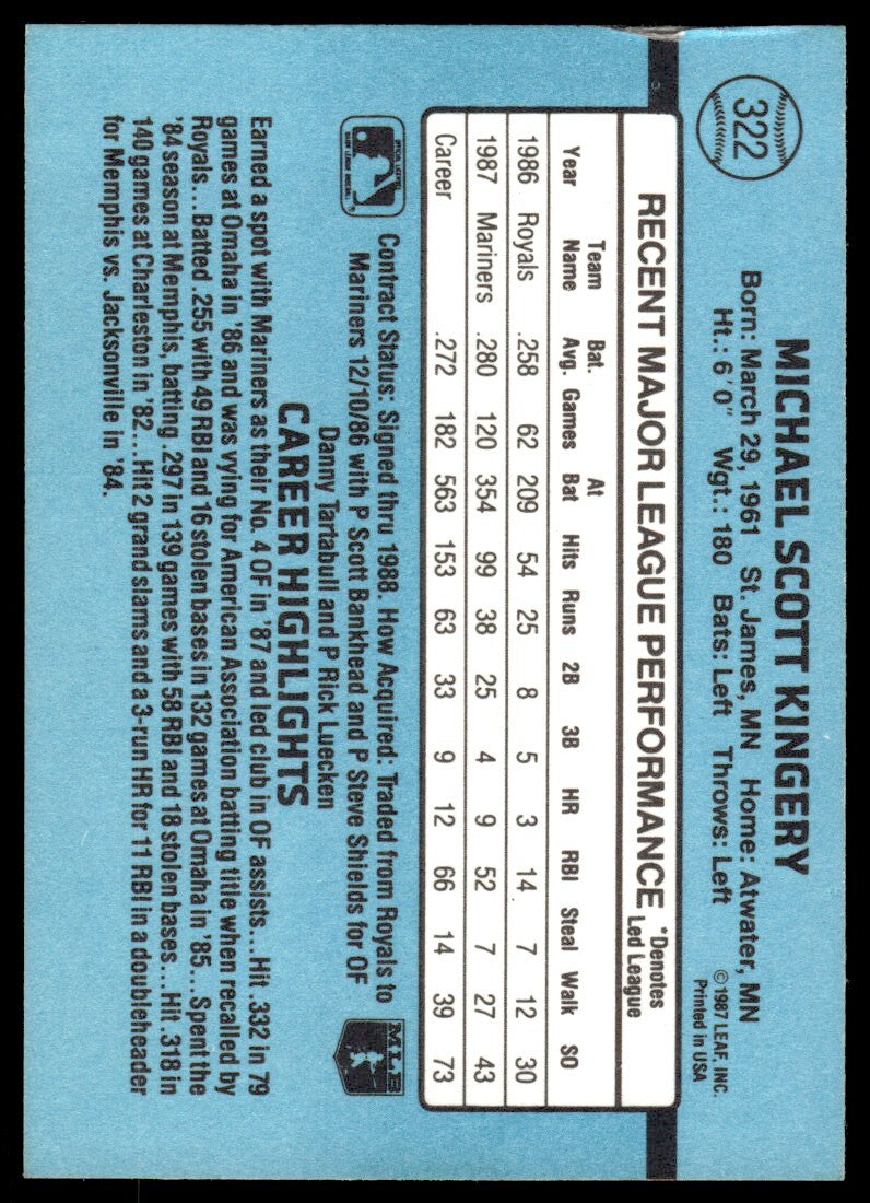 1988 Donruss Baseball Card Mike Kingery Seattle Mariners #322