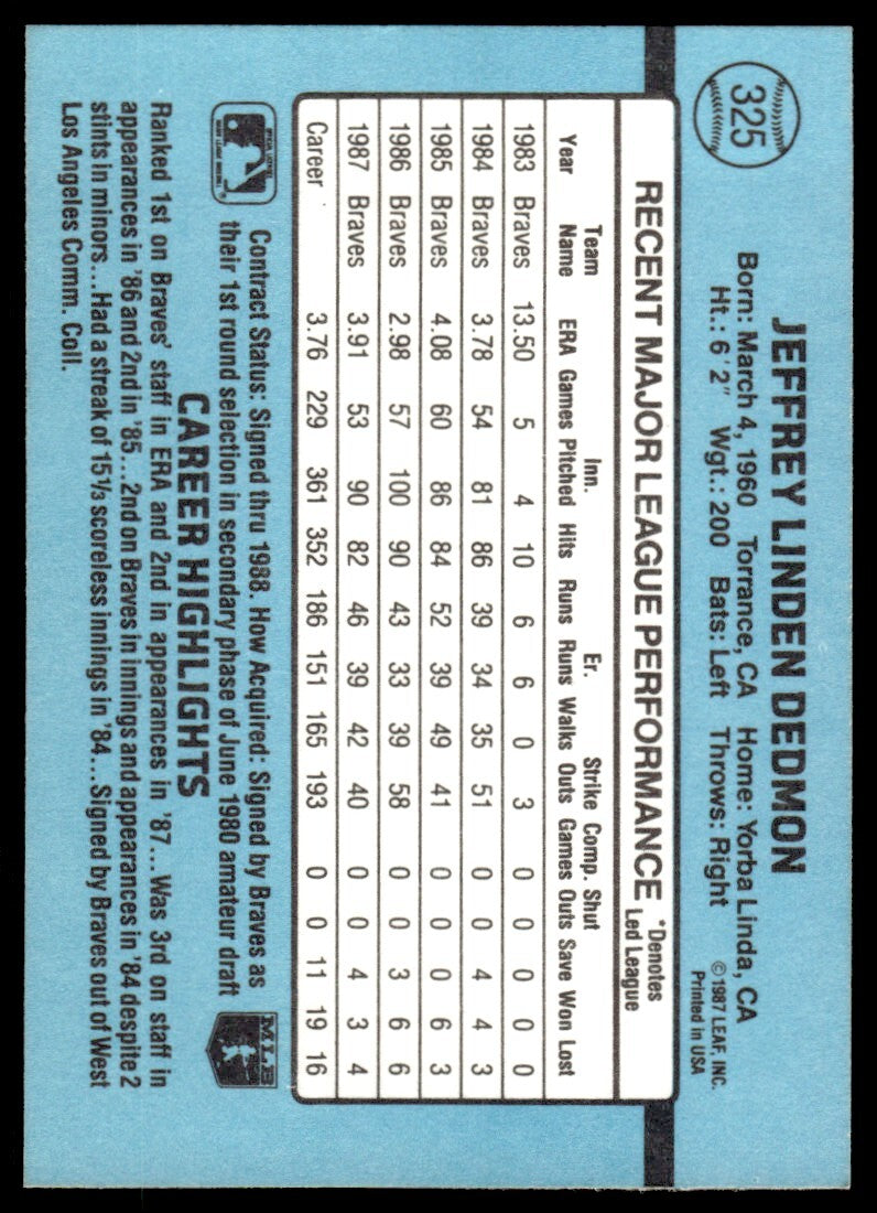 1988 Donruss Baseball Card Jeff Dedmon Atlanta Braves #325