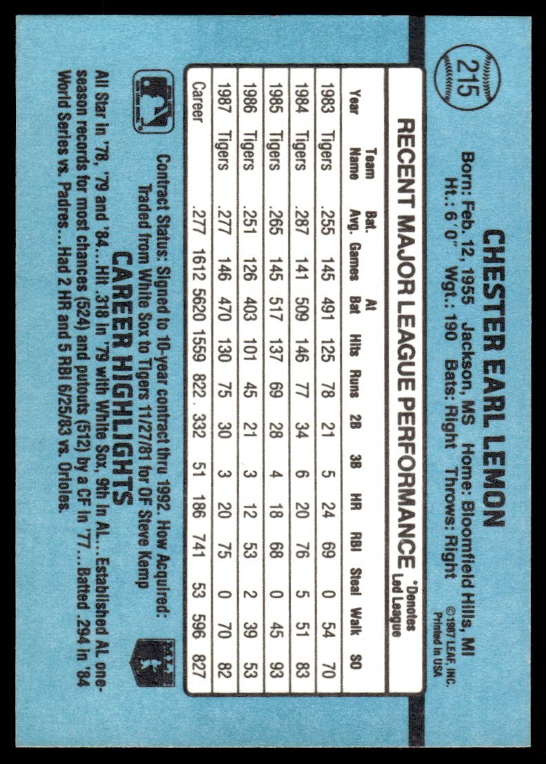 1988 Donruss Baseball Card Chet Lemon Detroit Tigers #215