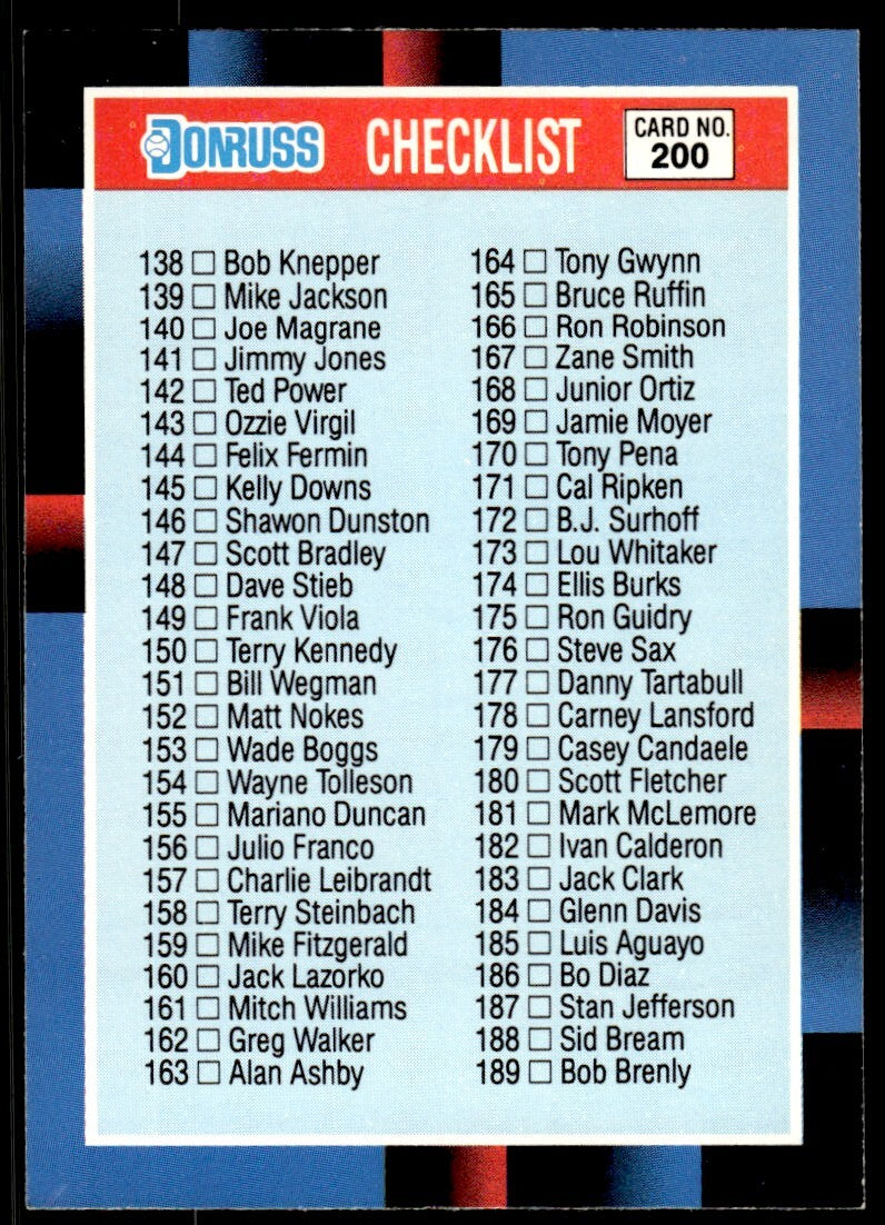 1988 Donruss Baseball Card Checklist 138-247 #200