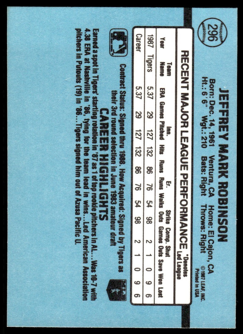 1988 Donruss Baseball Card Jeff Robinson Rookie Detroit Tigers #296