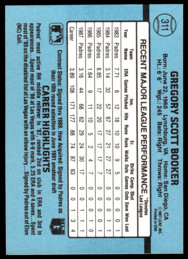 1988 Donruss Baseball Card Greg Booker San Diego Padres #311