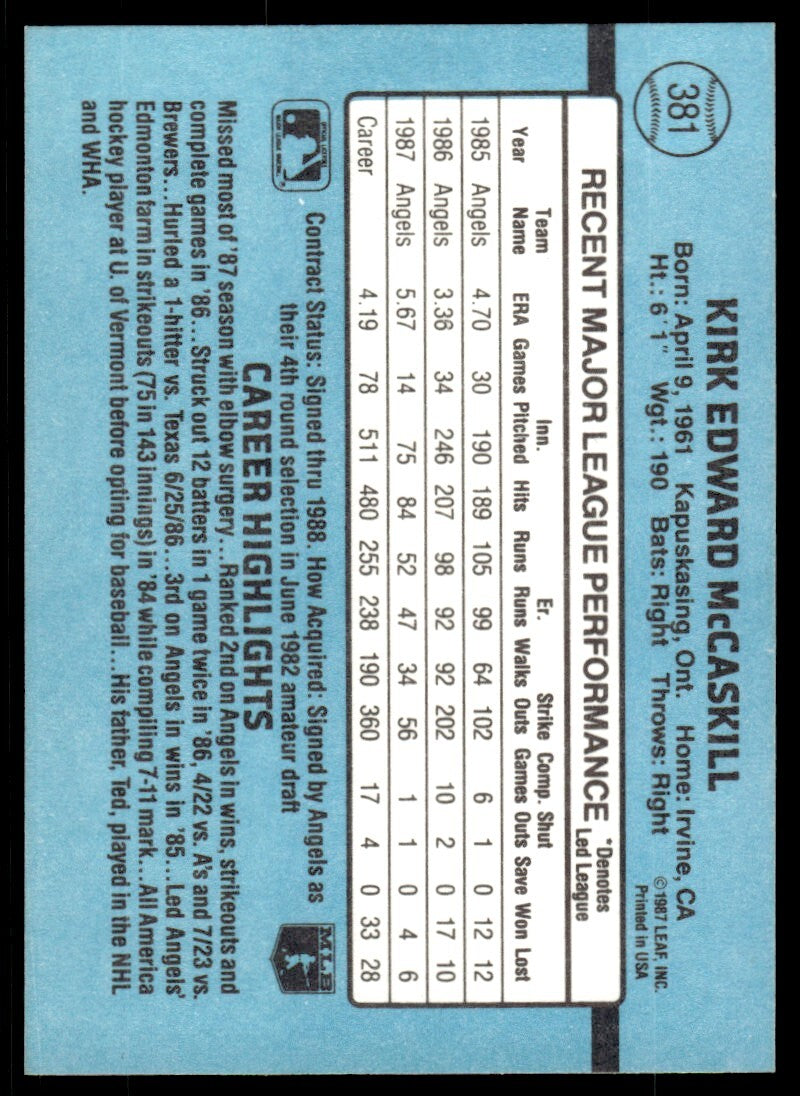 1988 Donruss Baseball Card Kirk McCaskill California Angels #381