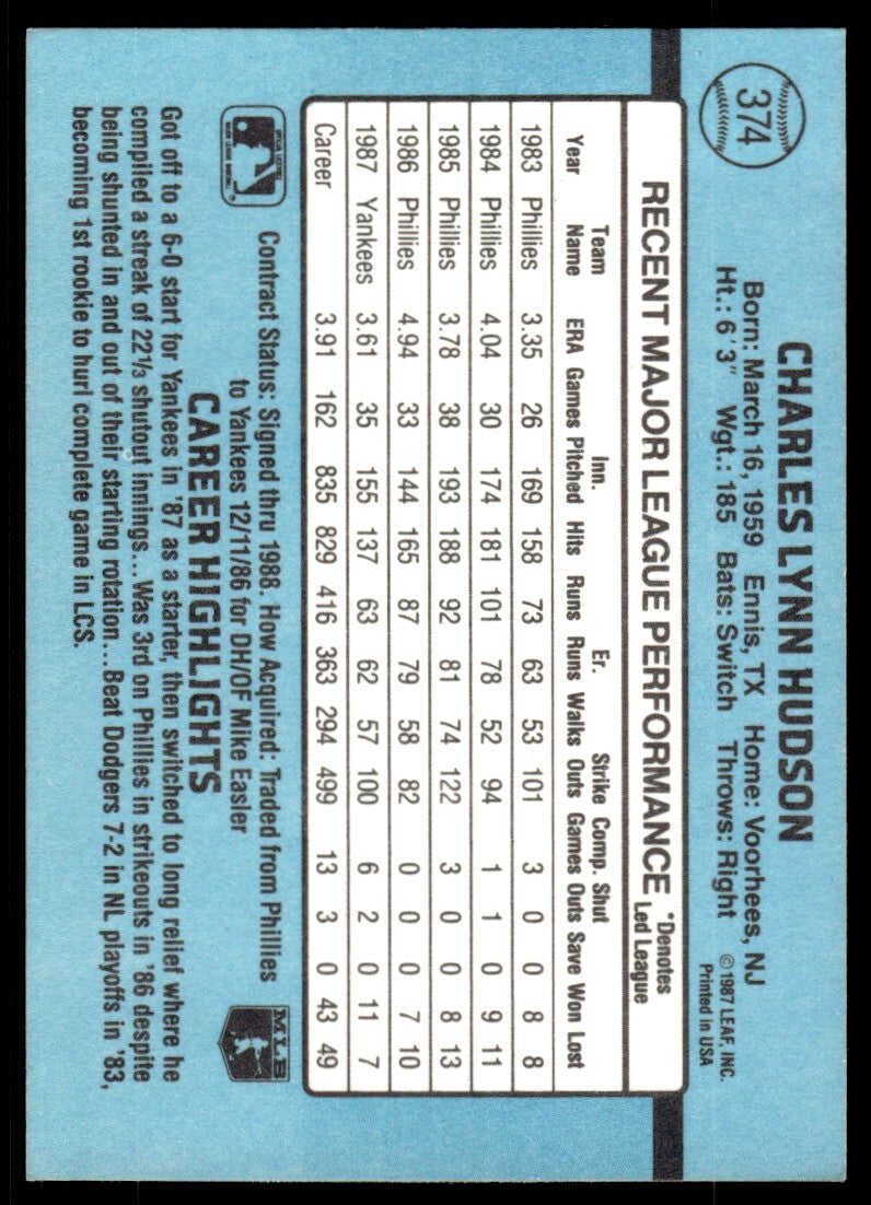 1988 Donruss Baseball Card Charles Hudson New York Yankees #374