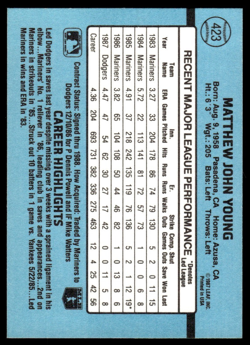 1988 Donruss Baseball Card Matt Young Los Angeles Dodgers #423