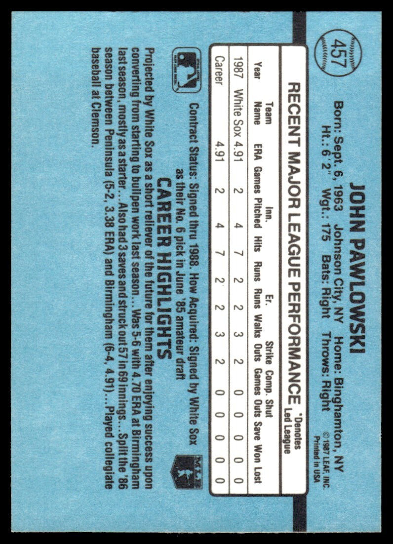 1988 Donruss Baseball Card John Pawlowski Rookie Chicago White Sox #457