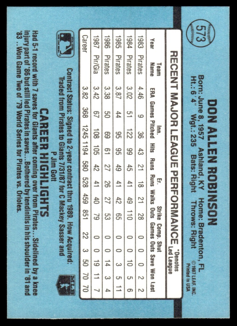 1988 Donruss Baseball Card Don Robinson San Francisco Giants #573