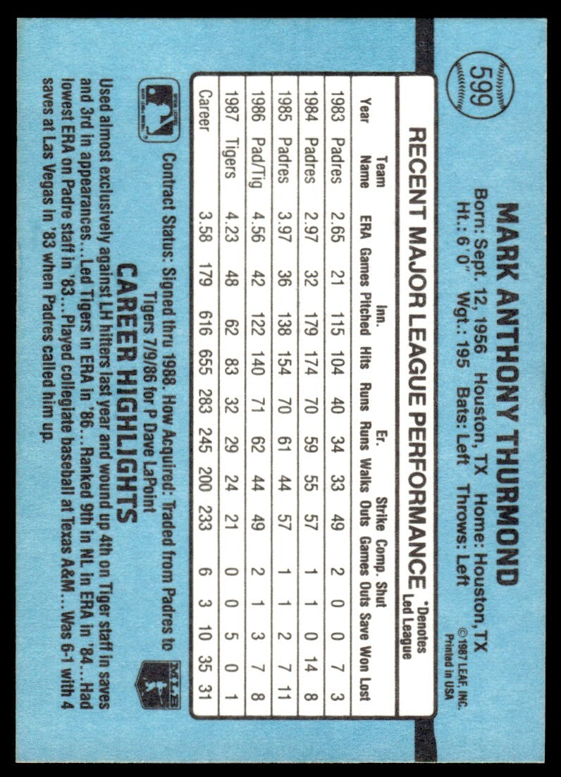 1988 Donruss Baseball Card Mark Thurmond Detroit Tigers #599