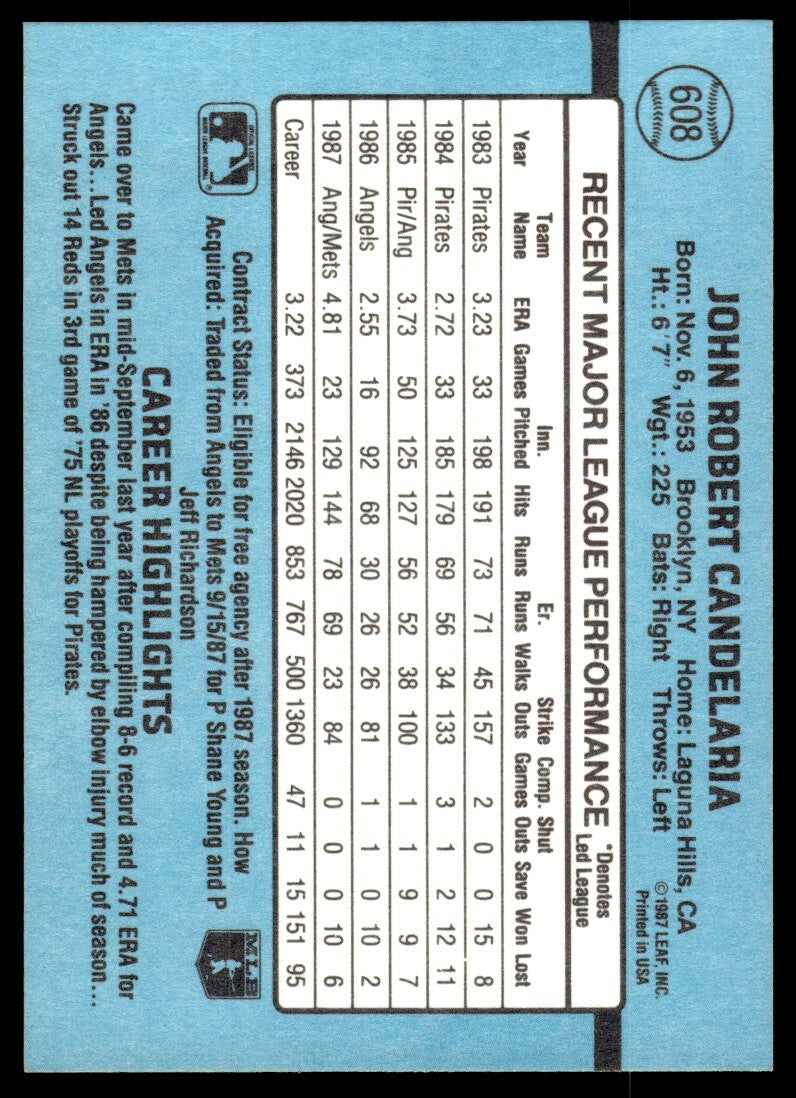 1988 Donruss Baseball Card John Candelaria New York Mets #608
