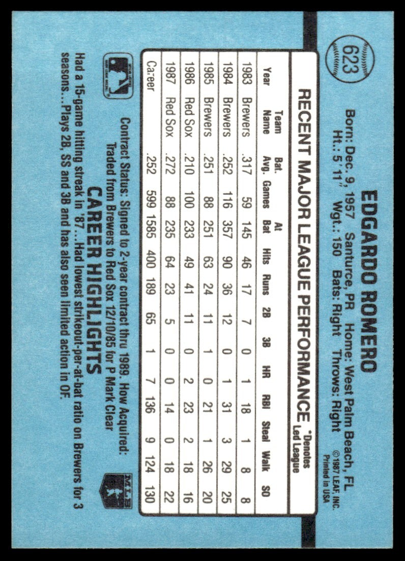 1988 Donruss Baseball Card Ed Romero Boston Red Sox #623