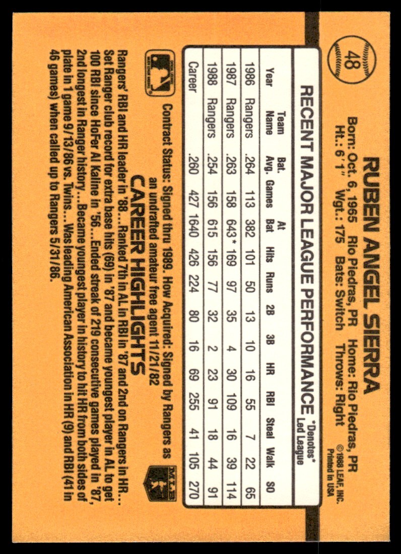 1989 Donruss Baseball Card Ruben Sierra Texas Rangers #48