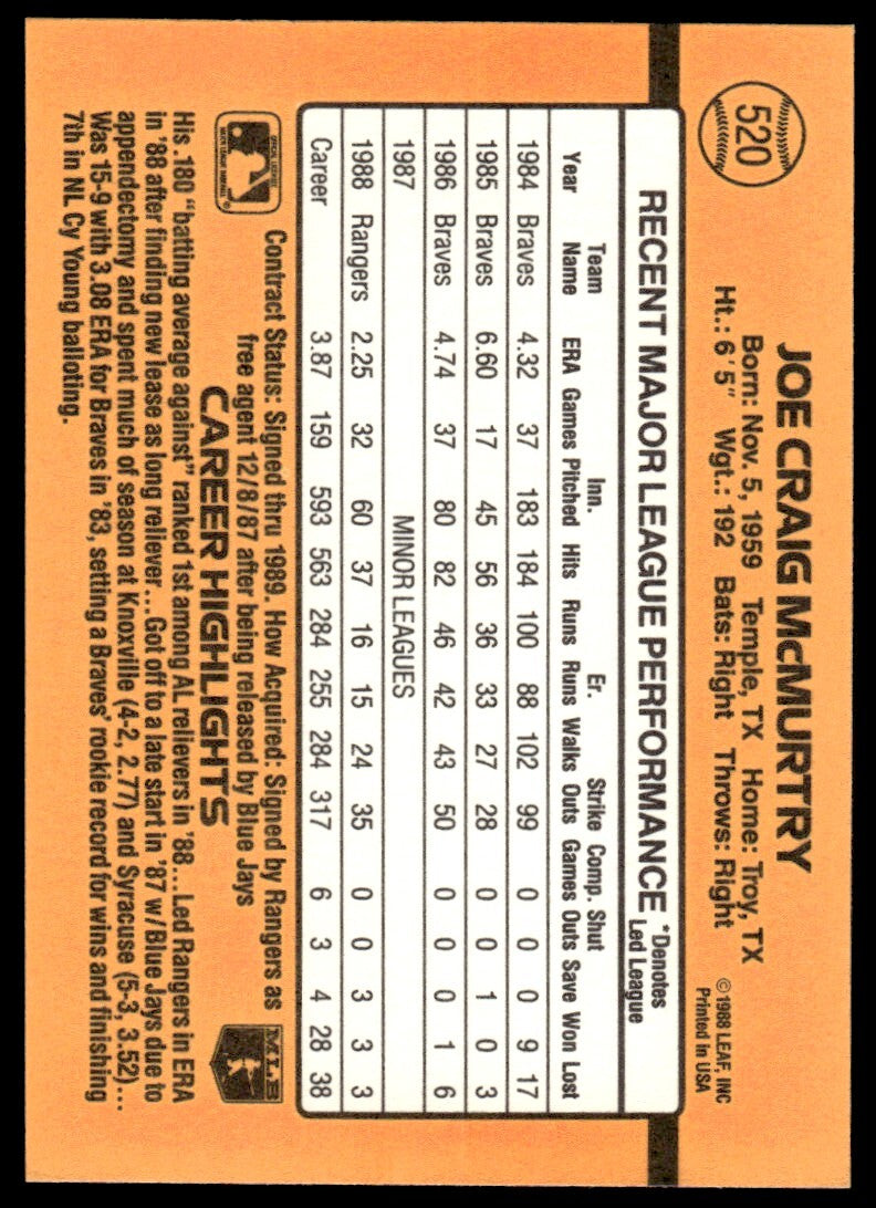 1989 Donruss Baseball Card Craig McMurtry Texas Rangers #520