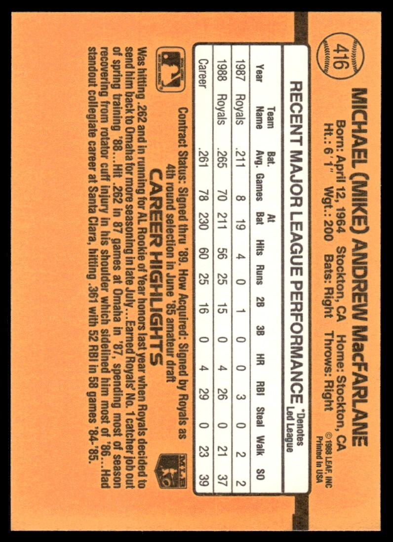 1989 Donruss Baseball Card Mike Macfarlane Rookie Kansas City Royals #416