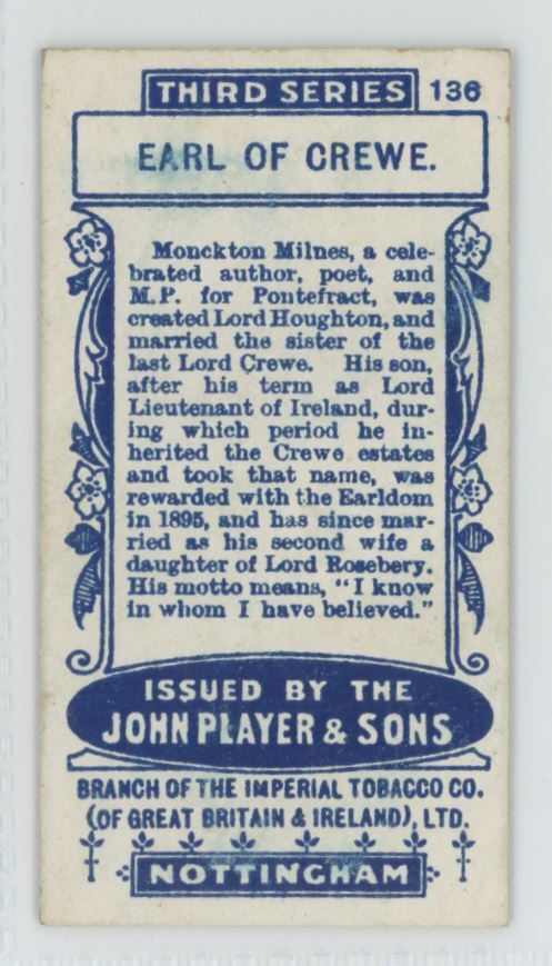 1909 Player's Cigarettes County Seats & Arms Earl of Crewe #136