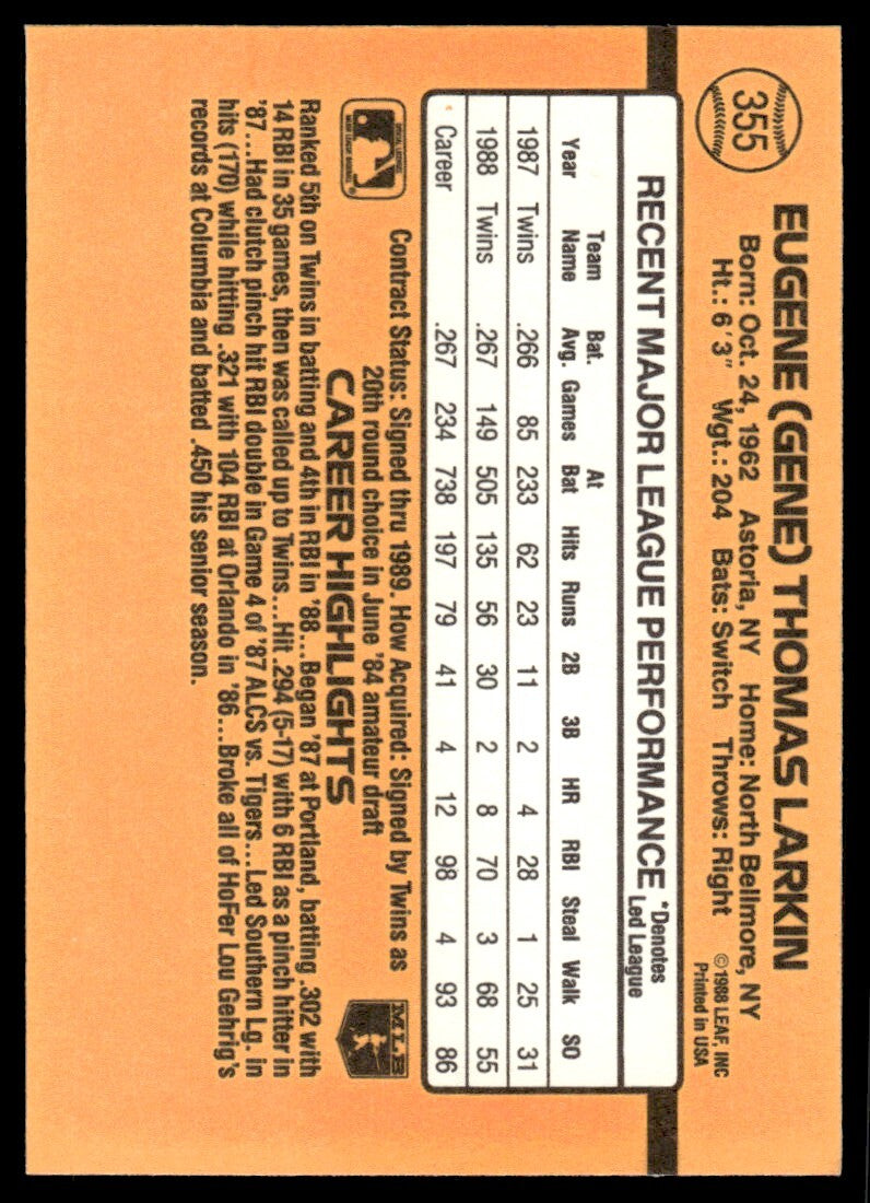1989 Donruss Baseball Card Gene Larkin Minnesota Twins #355