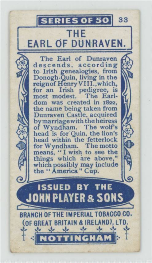 1906 Player's Cigarettes County Seats & Arms Earl of Dunraven #33
