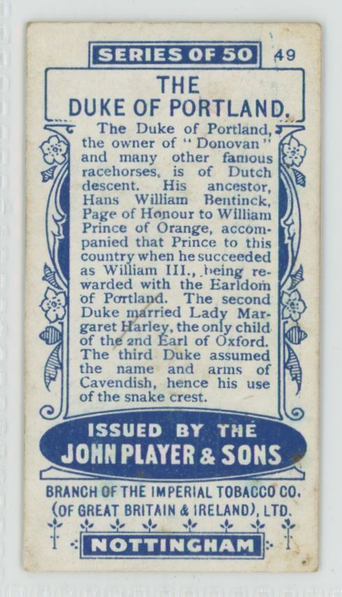 1906 Player's Cigarettes County Seats & Arms Duke of Portland #49