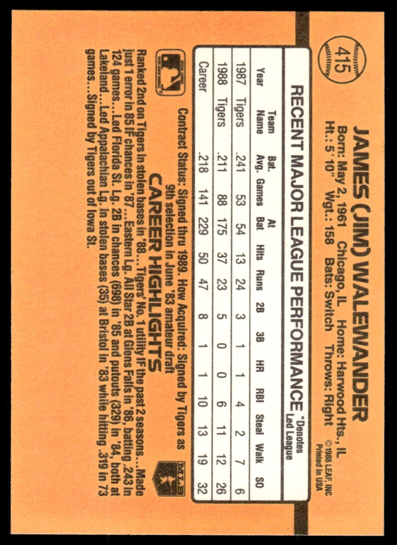 1989 Donruss Baseball Card Jim Walewander Detroit Tigers #415