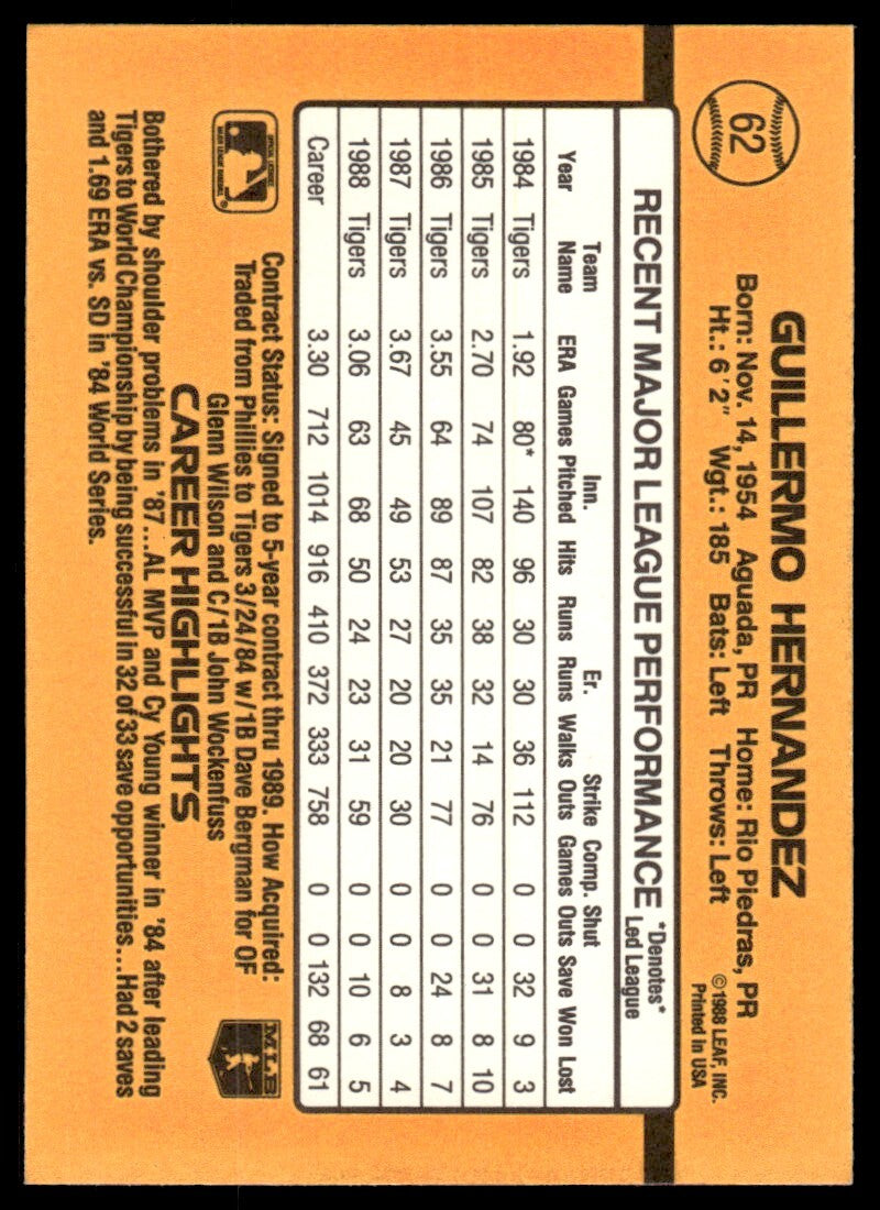 1989 Donruss Baseball Card Guillermo Hernandez Detroit Tigers #62
