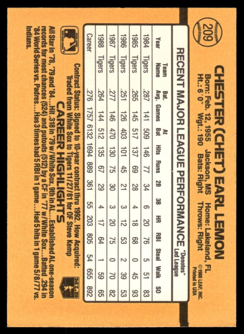 1989 Donruss Baseball Card Chet Lemon Detroit Tigers #209