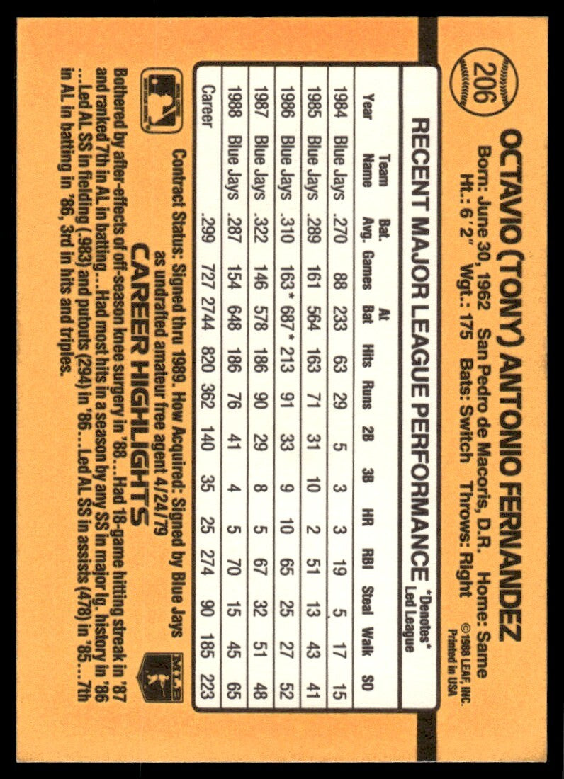 1989 Donruss Baseball Card Tony Fernandez Toronto Blue Jays #206