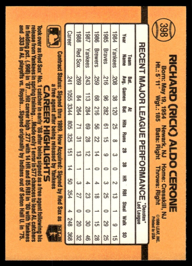 1989 Donruss Baseball Card Rick Cerone Boston Red Sox #398