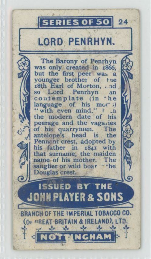 1906 Player's Cigarettes County Seats & Arms Lord Penrhyn #24