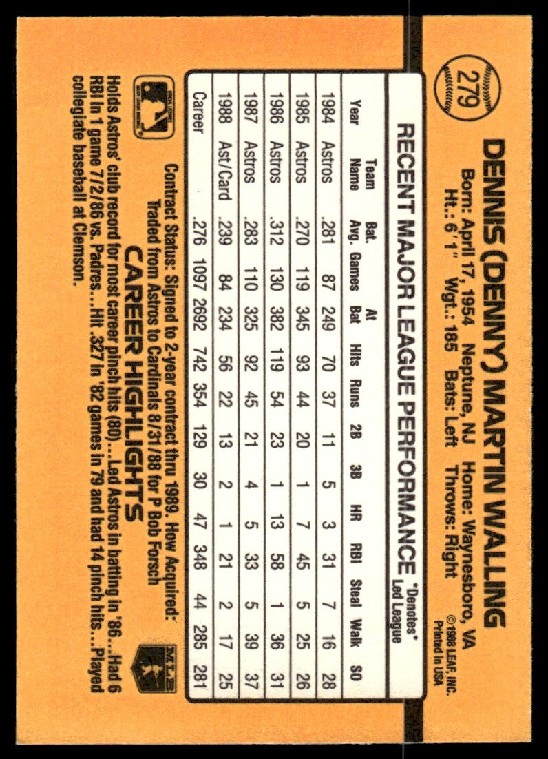 1989 Donruss Baseball Card Denny Walling St. Louis Cardinals #279