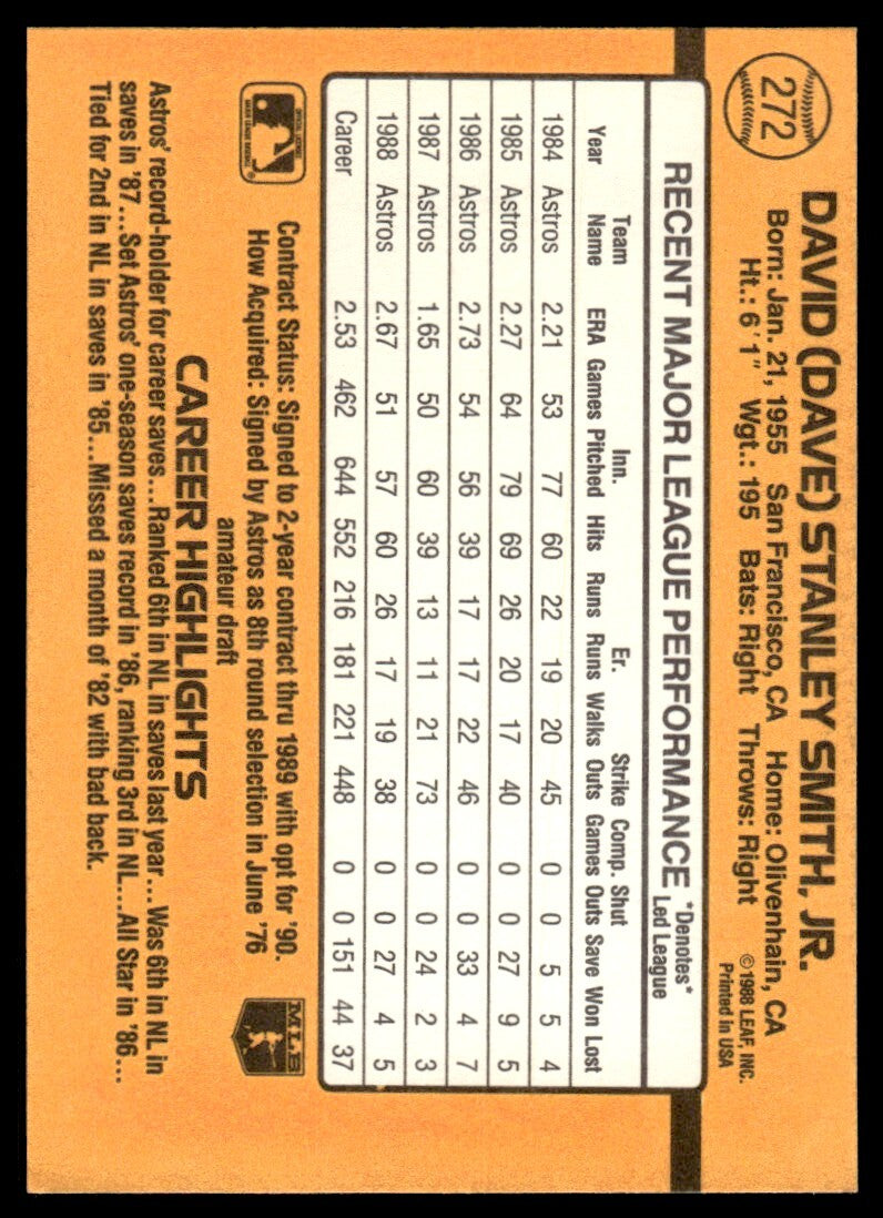 1989 Donruss Baseball Card Dave Smith Houston Astros #272