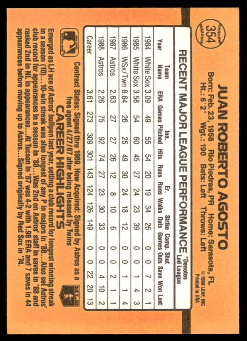 1989 Donruss Baseball Card Juan Agosto Houston Astros #354