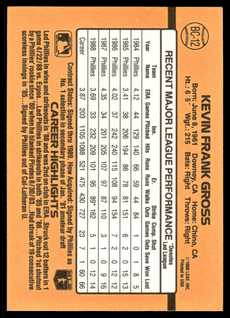 1989 Donruss Baseball Card Kevin Gross Philadelphia Phillies #BC-12