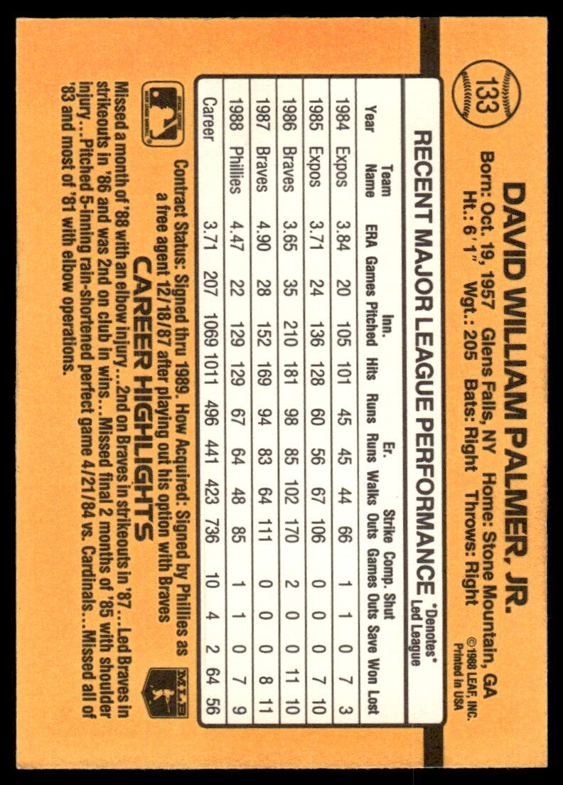 1989 Donruss Baseball Card David Palmer Philadelphia Phillies #133