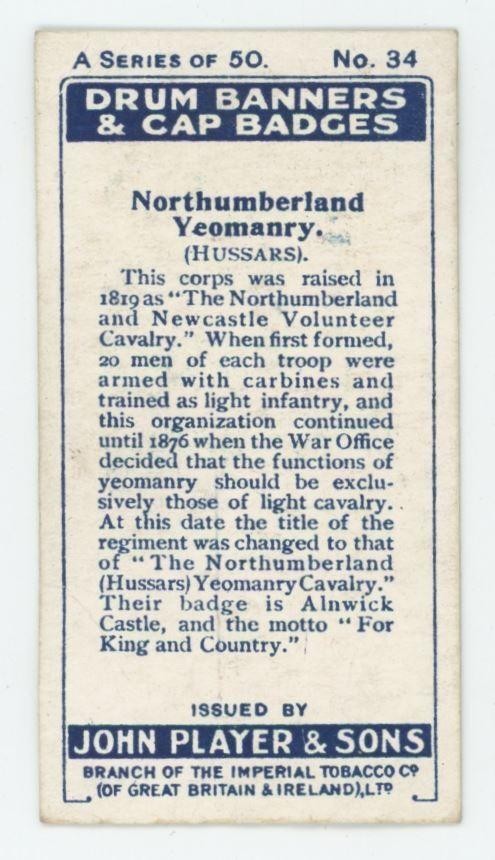 1924 Player's Cigarettes Drum Banners & Cap Badges Northumberland #34