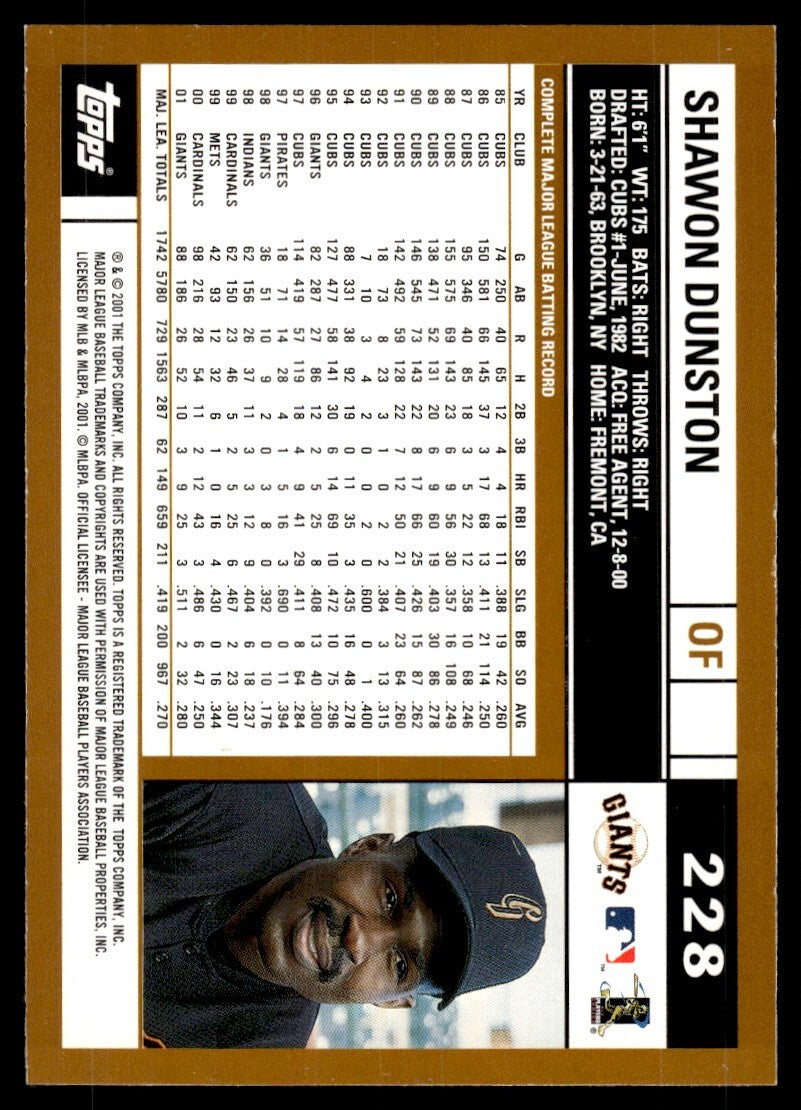 2002 Topps Baseball Card Shawon Dunston San Francisco Giants #228