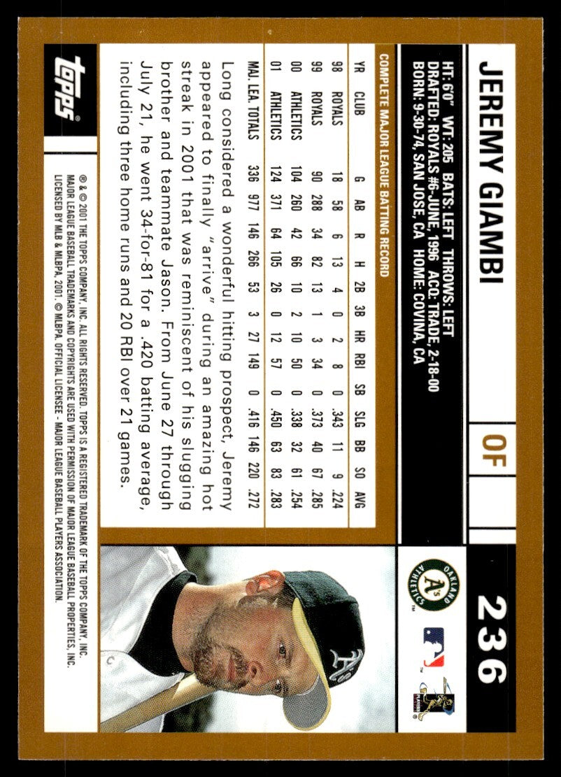 2002 Topps Baseball Card Jeremy Giambi Oakland Athletics #236