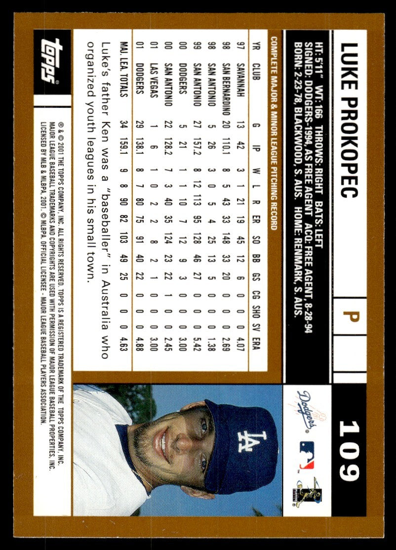 2002 Topps Baseball Card Luke Prokopec Los Angeles Dodgers #109