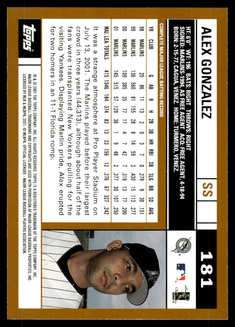 2002 Topps Baseball Card Alex Gonzalez A Florida Marlins #181
