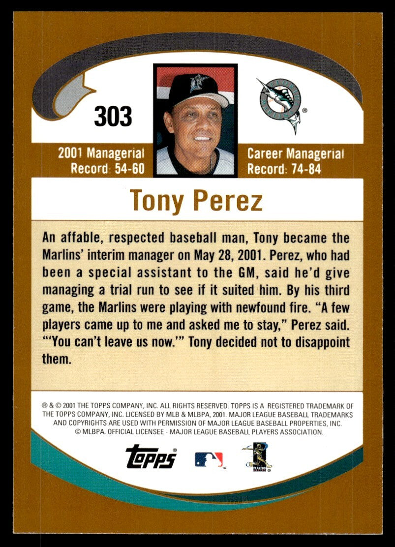 2002 Topps Baseball Card Tony Perez A Florida Marlins #303