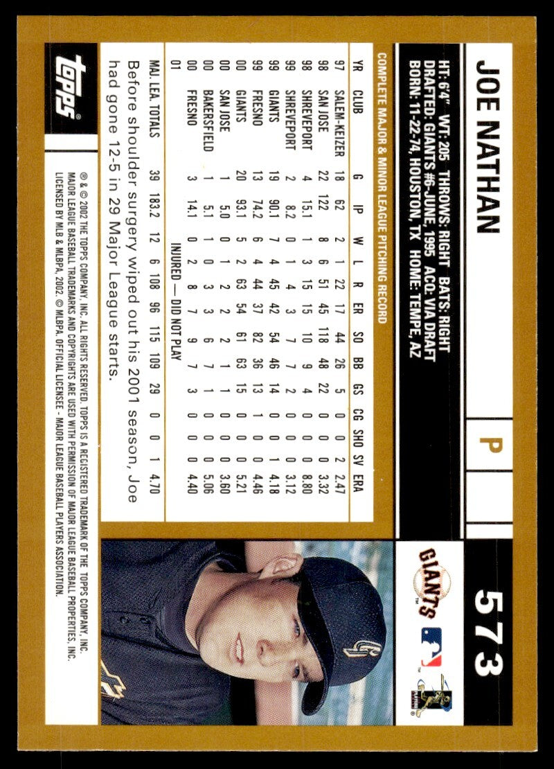 2002 Topps Baseball Card Joe Nathan San Francisco Giants #573
